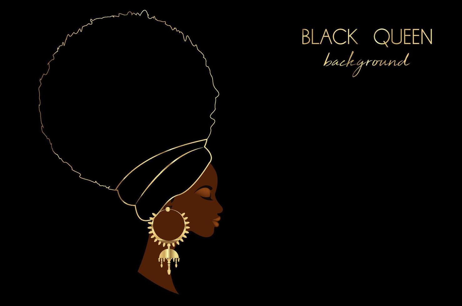noir reine modèle, portrait africain femme dans afro frisé cheveux, luxe d'or des boucles d'oreilles et turban. beauté mode conception. vecteur illustration isolé sur noir Contexte.