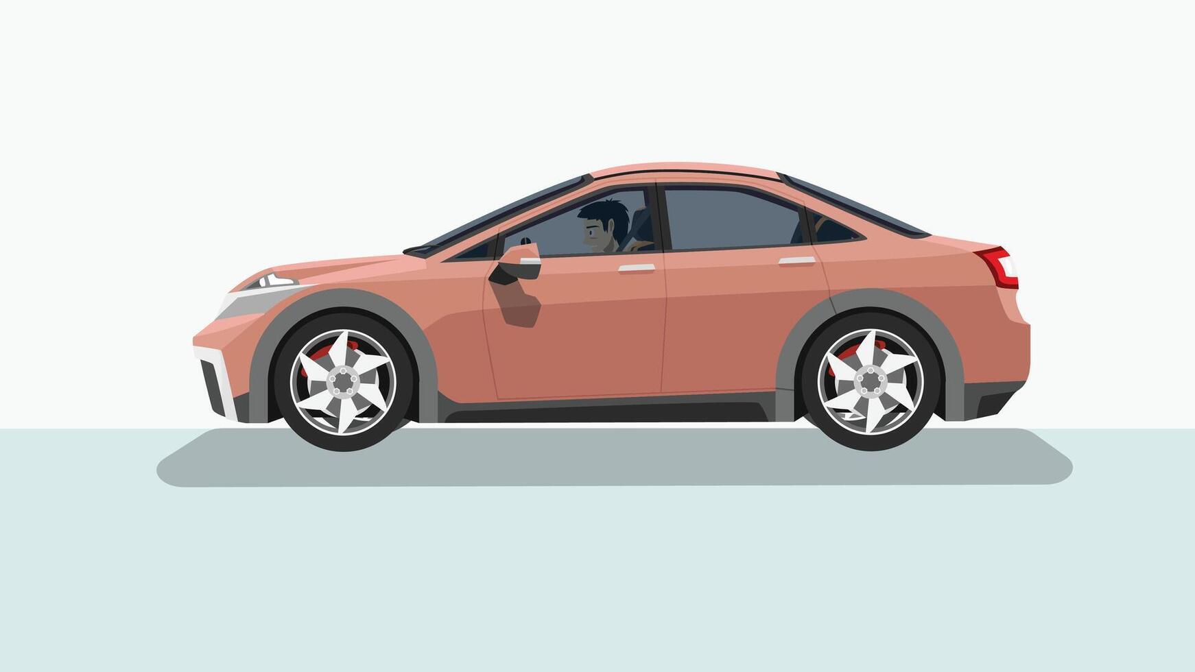 concept vecteur illustration de détaillé côté de une plat doux rouge sedan auto. avec ombre de auto. pouvez vue intérieur de voiture avec conduite homme. isolé deux Ton Contexte.