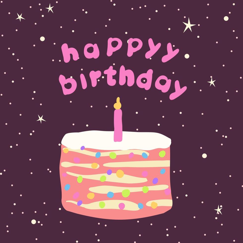 Couper couche gâteau avec crème et bougie pour 1 année anniversaire pour carte, invitation et bannière. nuit ciel Contexte avec étoiles. vecteur