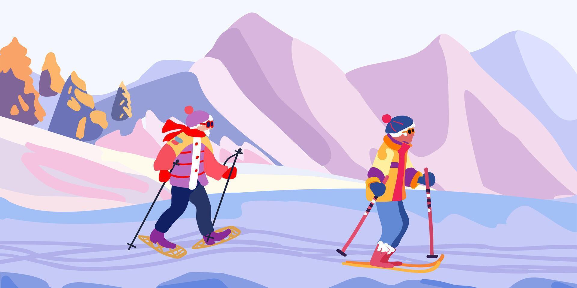 vieux gens sur une ski voyage. Montagne paysage avec ski des pistes. hiver vacances et Voyage. minimalisme. vecteur