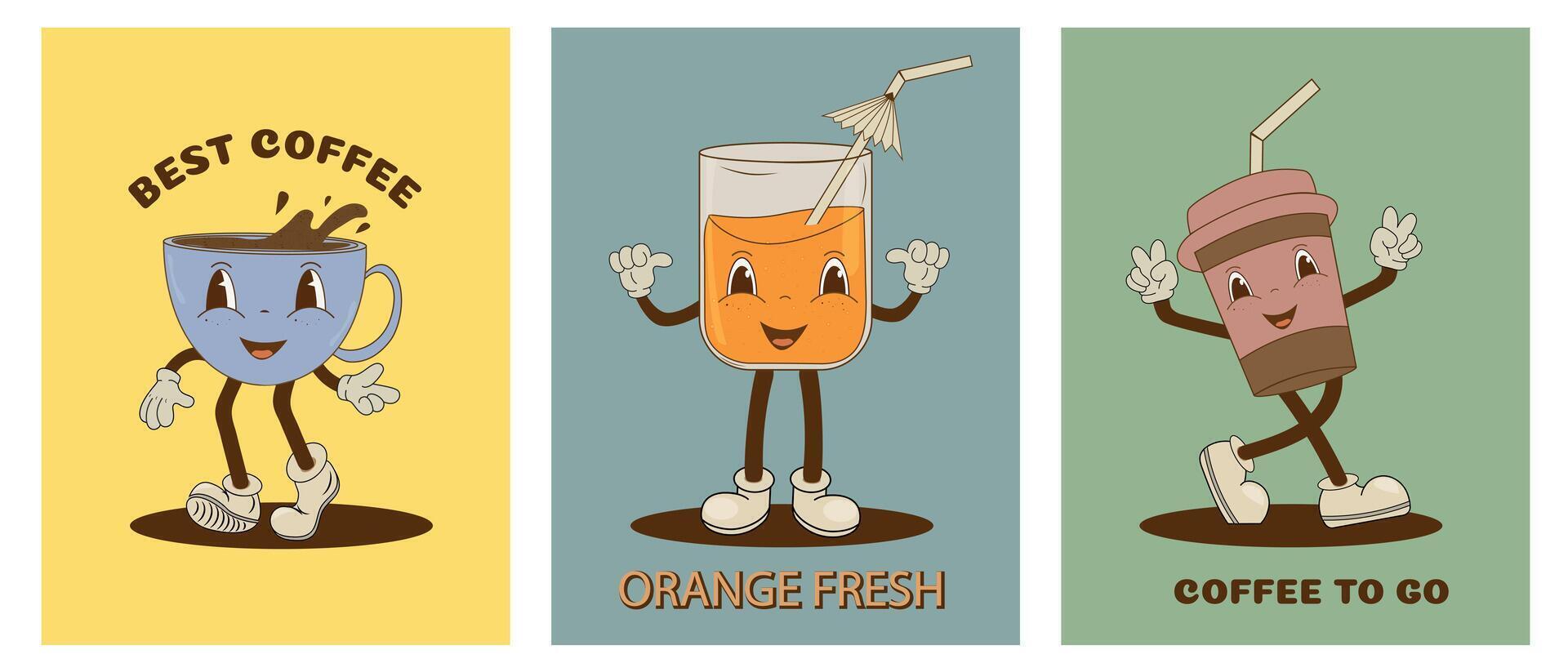 ensemble de rétro dessin animé marrant les boissons personnages. tasse de café, latté, fraîchement pressé Orange jus. rétro mascottes. ancien vecteur illustration pour café conception.