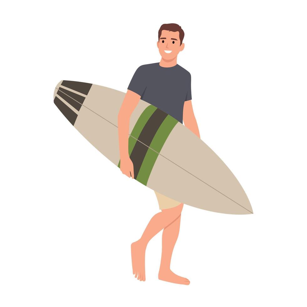 surfeur et le sien planche de surf prêt à le surf tandis que marche. vecteur