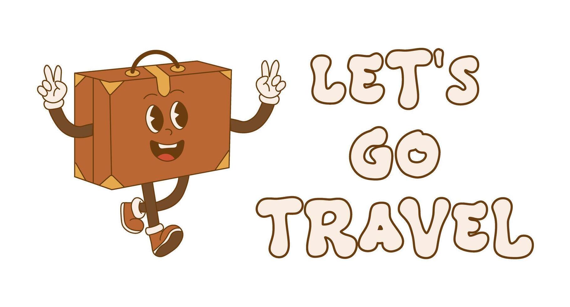 rétro mascotte valise personnage dessin animé affiche. nous allons aller Voyage. aventure voyage. abstrait branché, ancien, nostalgique esthétique Contexte vecteur