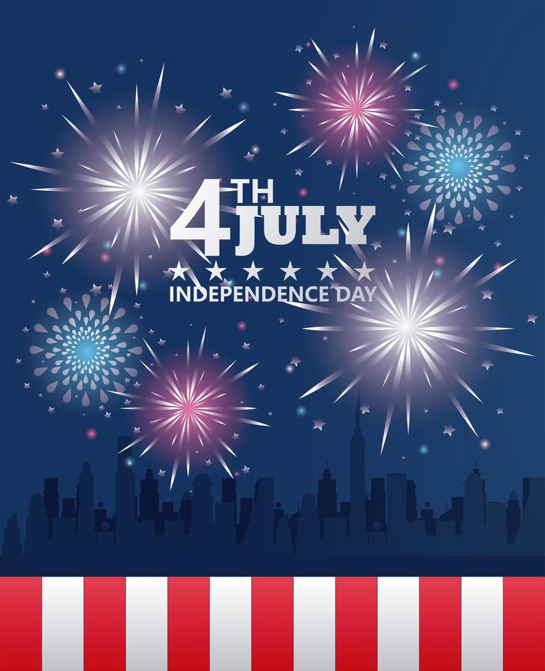 quatrième juillet célébration de la fête de l'indépendance des états-unis avec drapeau et feux d'artifice vecteur