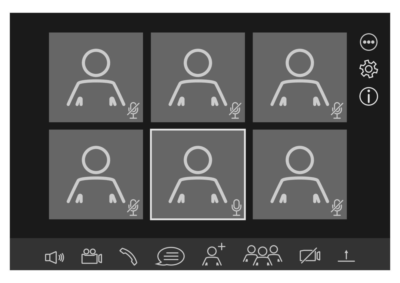 maquette de vidéoconférence et page vectorielle d'espace de travail de réunion en ligne. interface de webinaire. communication en ligne, chat. service client. interface utilisateur, superposition de fenêtre d'appels vidéo vecteur