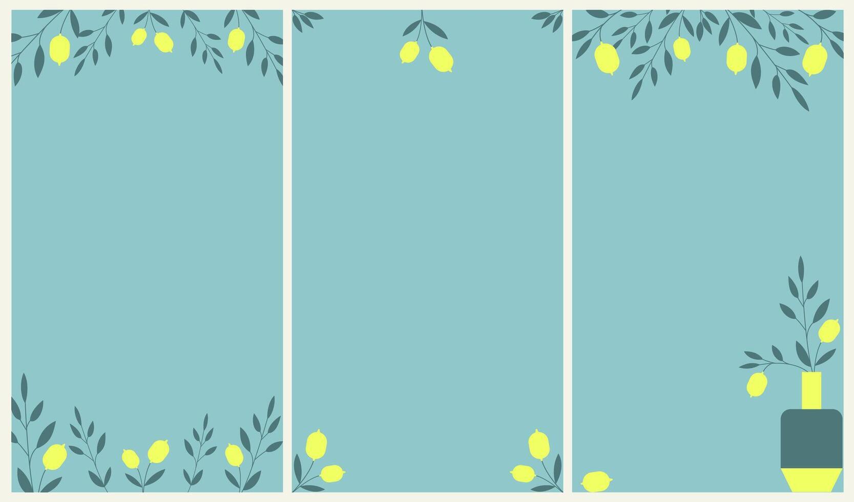 brillant citron branches dans des vases ensemble de arrière-plans pour social médias, Instagram, TIC Tac ou verticale vidéo récit affectation. vecteur plat illustration.