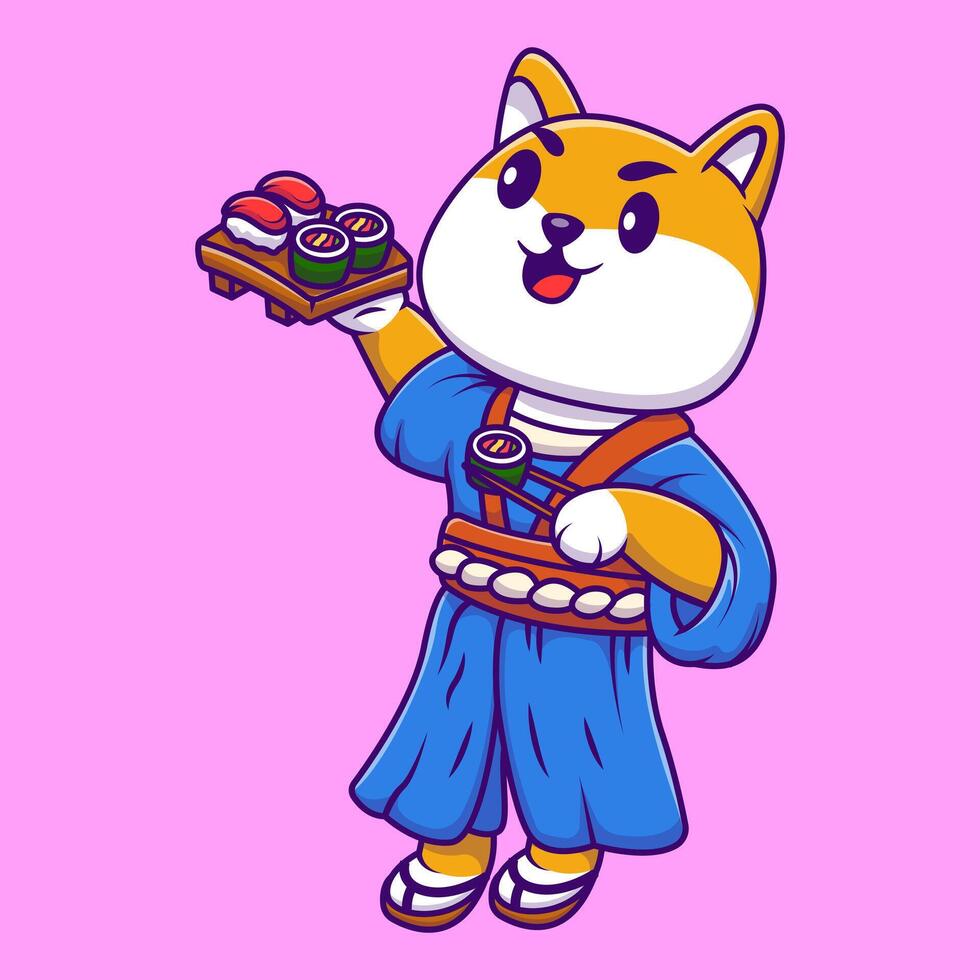 mignonne shiba inu chien Japonais kimono en portant Sushi et baguettes dessin animé vecteur Icônes illustration. plat dessin animé concept. adapté pour tout Créatif projet.