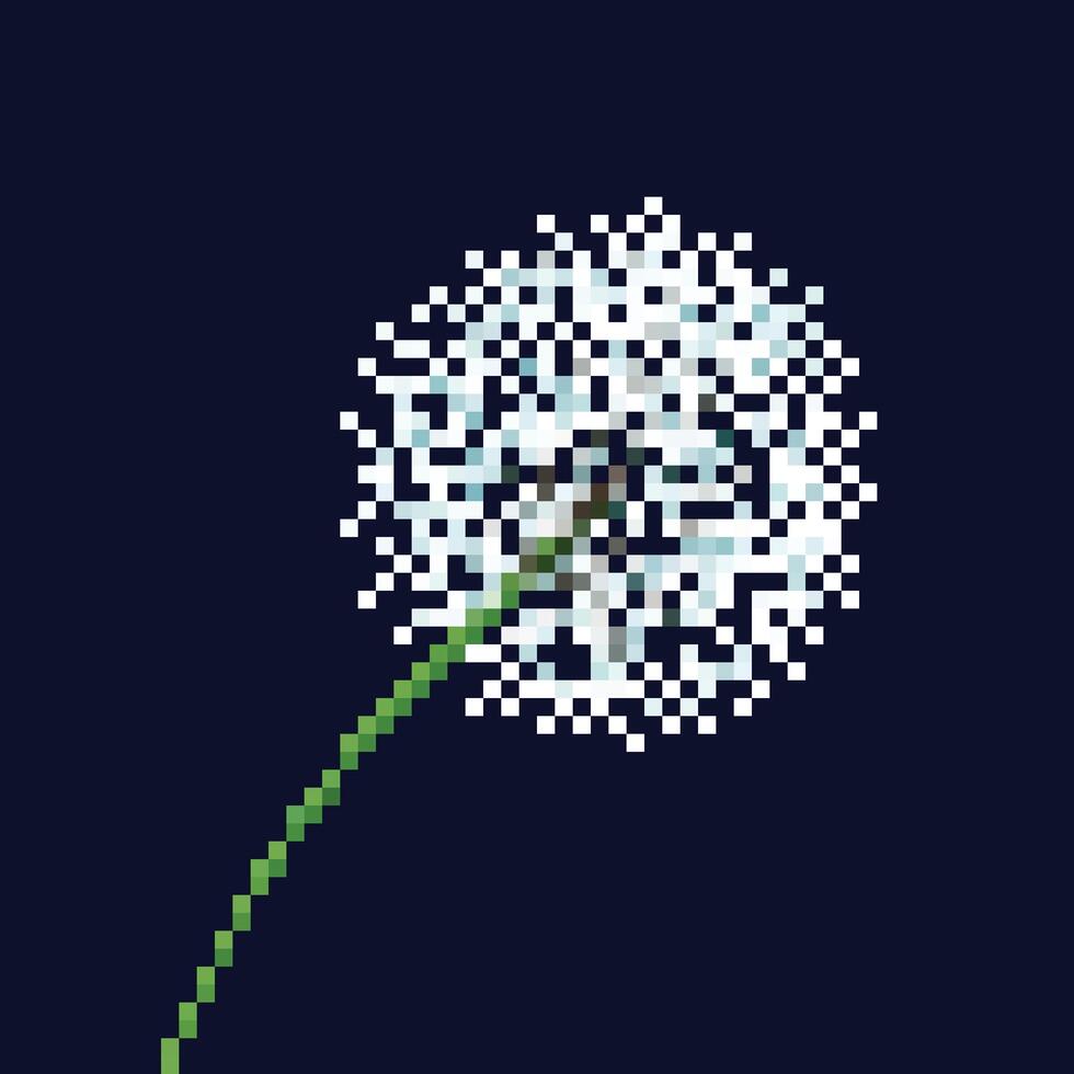 proche en haut un blanc pissenlit fleur. pixel bit rétro Jeu stylé vecteur illustration dessin. taraxacum officinale. Facile plat dessin animé art isolé sur foncé bleu carré Contexte.