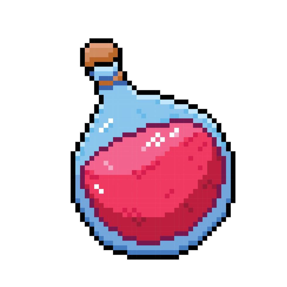 rouge potion à l'intérieur rond clair verre bouteille. pixel bit rétro Jeu stylé vecteur illustration dessin. Facile plat dessin animé stylé dessin isolé sur carré blanc Contexte.