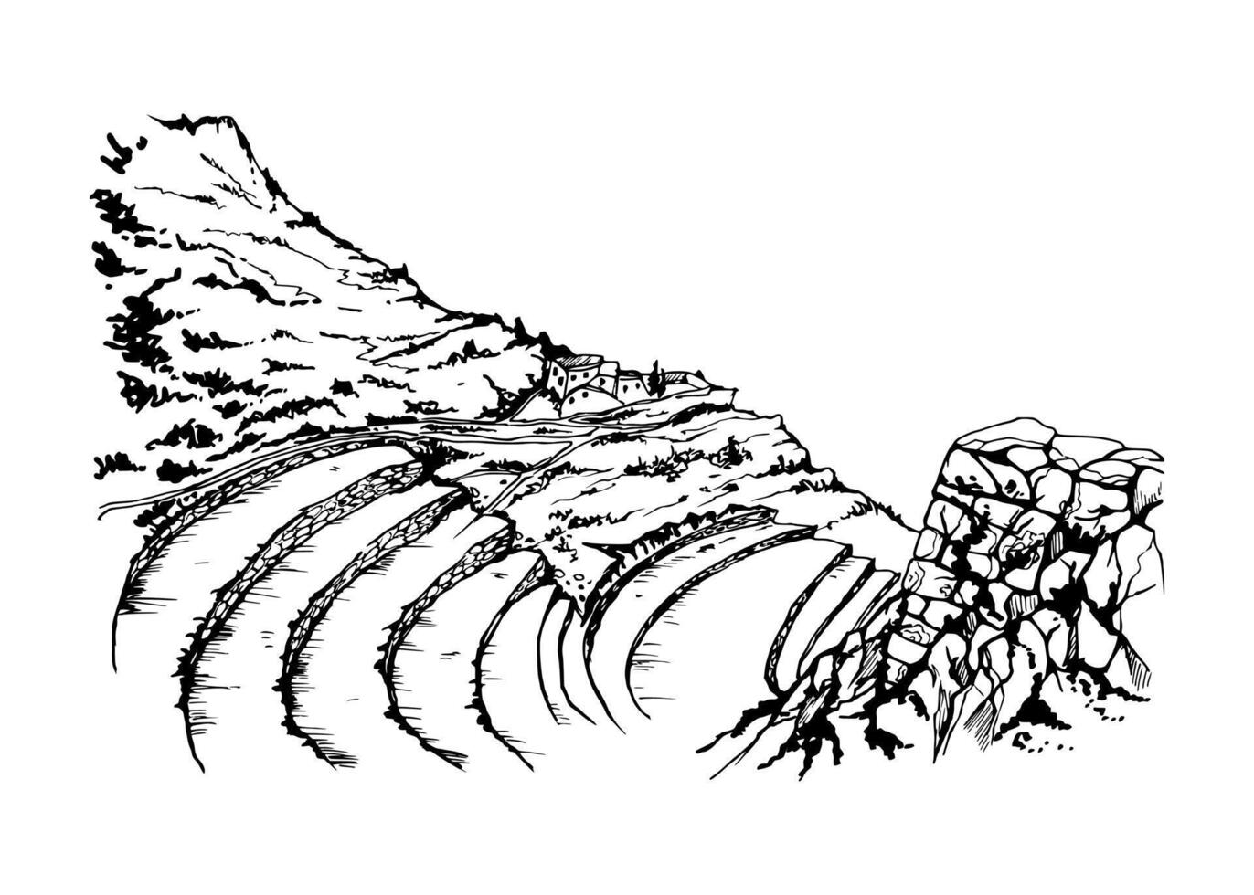 main tiré encre vecteur illustration, Montagne paysage paysage central Sud Amérique, collines avion, machu Picchu terrasses. isolé sur blanc Contexte. conception voyage, vacances voyage, brochure, impression