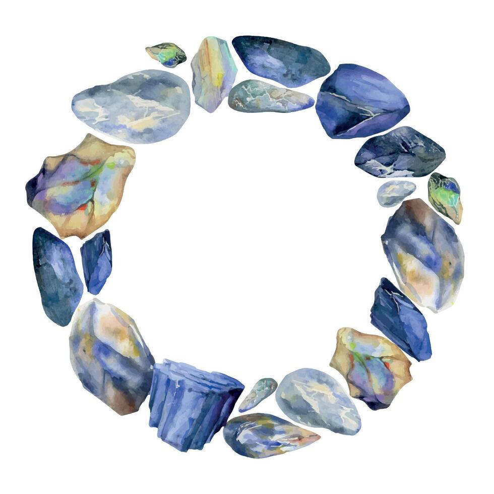 main tiré aquarelle illustration précieux semi-précieux bijou gemme cristal chakra naissance pierre. saphir lapis larimar. couronne Cadre isolé sur blanc Contexte. conception imprimer, boutique, bijoux, mode vecteur