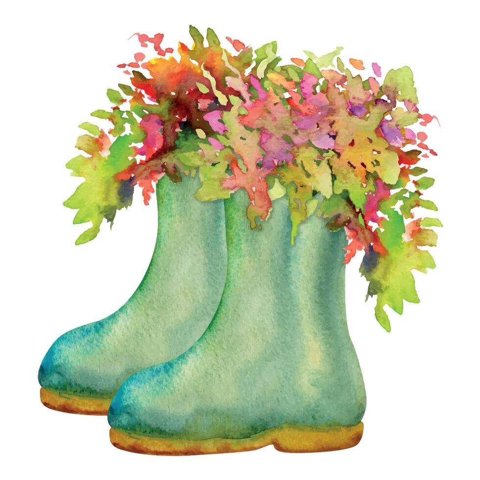 main tiré aquarelle illustration printemps jardinage chaussures, vert caoutchouc bottes avec fleurs et feuilles. composition isolé sur blanc Contexte. conception imprimer, boutique, scrapbooking, emballage, découpage vecteur