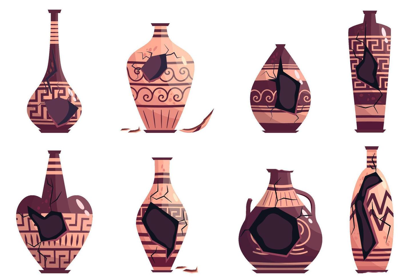 grec cassé vase ensemble ancien pot isolé. céramique cassé vase avec grec symbole. dessin animé vecteur illustration. poterie pot faïence antique conception.
