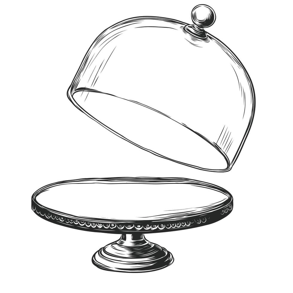 France verre cloche pour nourriture, fleur ou Accueil décor avec décoratif rester. verre supporter gâteau dôme dans encre esquisser. gravure vecteur illustration isolé sur blanc Contexte.