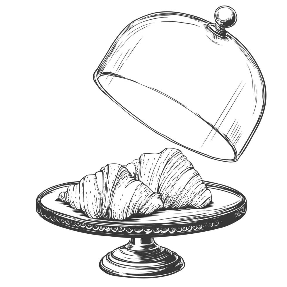 un ouvert vide verre plat ou cloche avec français des croissants. gravure esquisser bombé plateau. ancien vecteur illustration isolé sur blanche. gravure sur bois