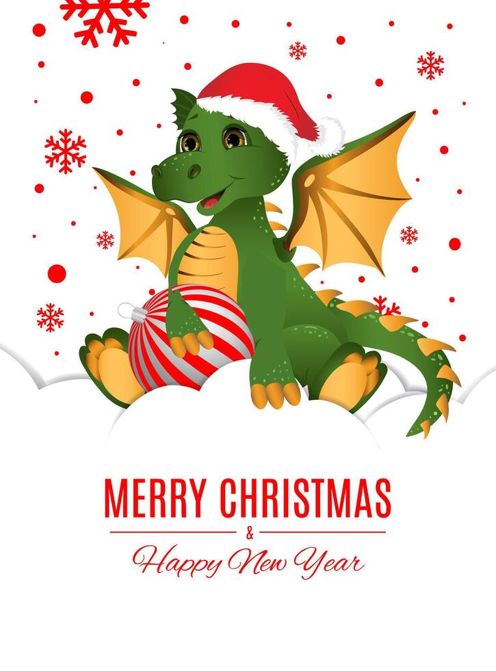 salutation carte postale. content Nouveau année et joyeux Noël avec vert dragon et Noël balle. vecteur