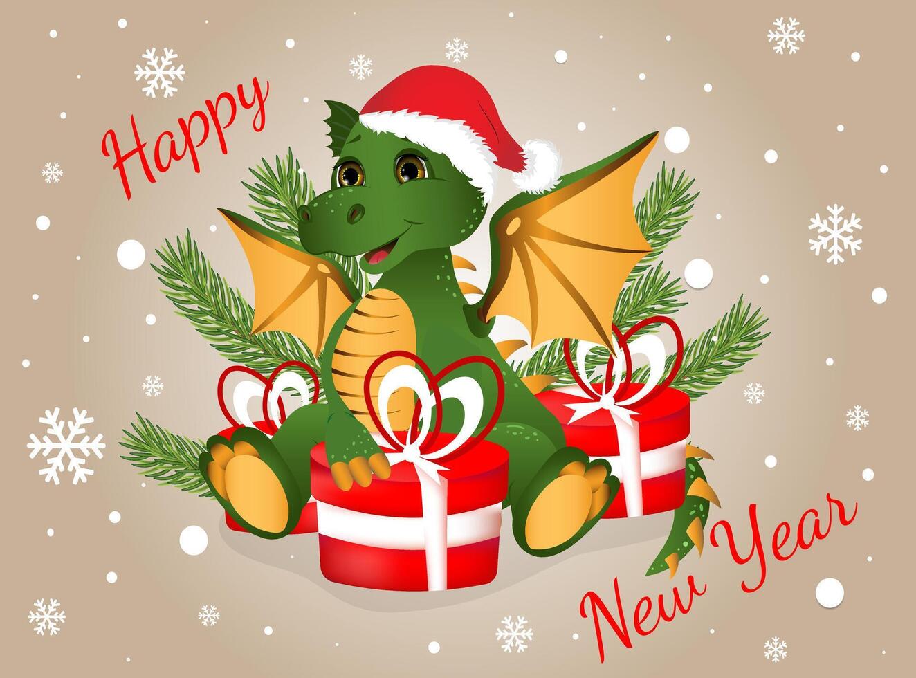 salutation carte postale. content Nouveau année et joyeux Noël avec vert dragon et rouge cadeaux des boites. vecteur