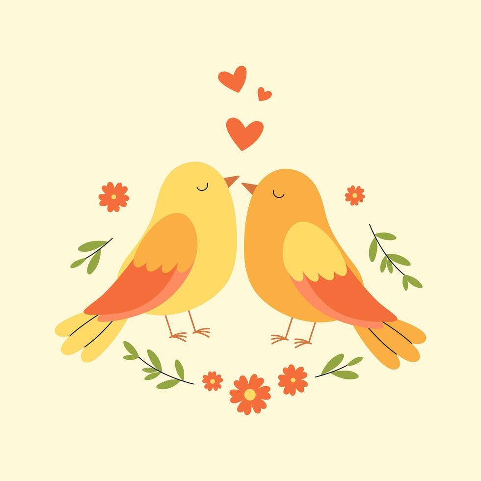 deux des oiseaux dans l'amour séance ensemble. romantique des oiseaux couple avec fleurs, brindilles et cœurs. vecteur plat illustration pour valentines journée affiche, bannière, salutation carte