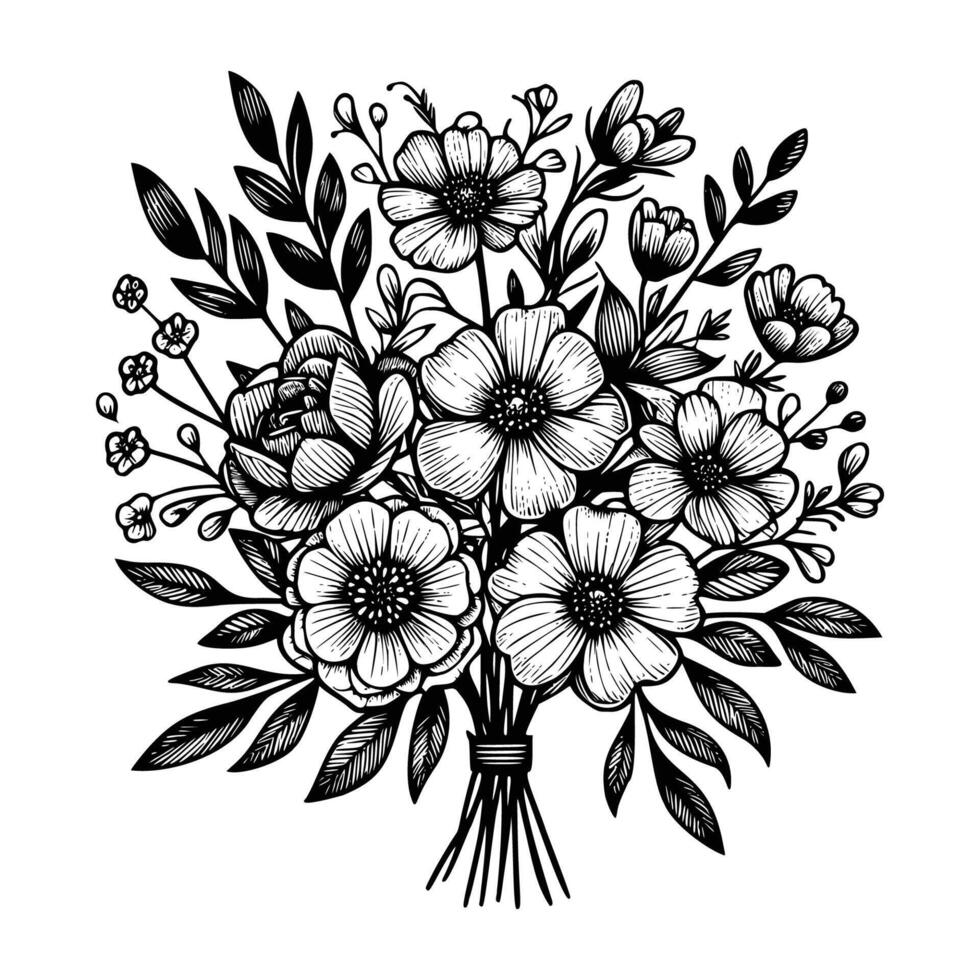 noir et blanc fleurs main tiré vecteur illustration isolé blanc Contexte