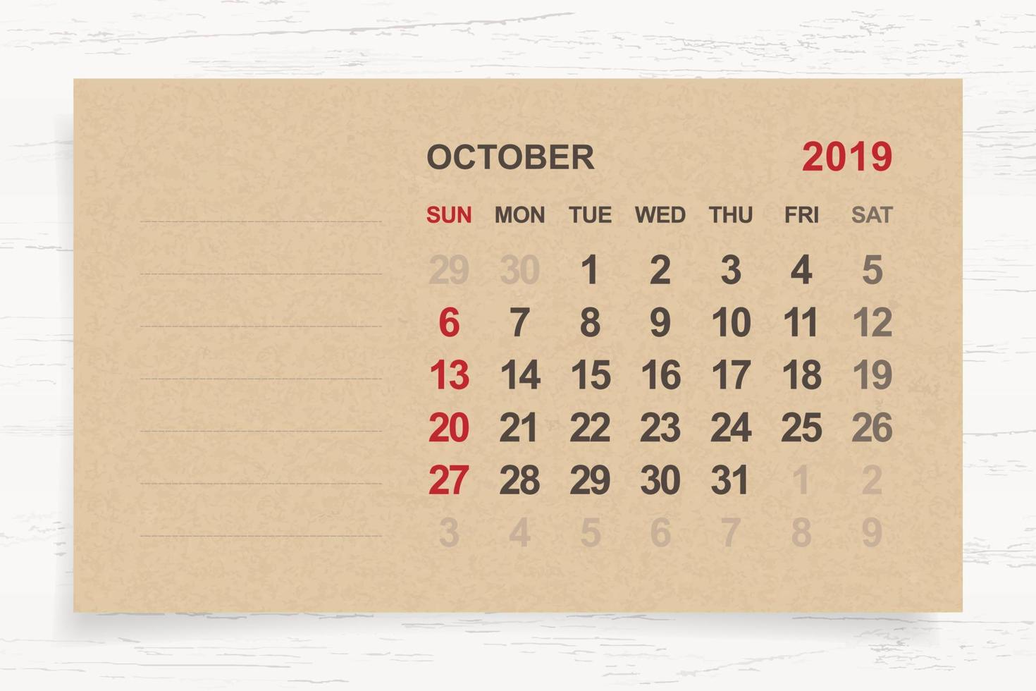 octobre 2019 - calendrier mensuel sur papier brun et fond de bois avec zone pour la note. vecteur. vecteur