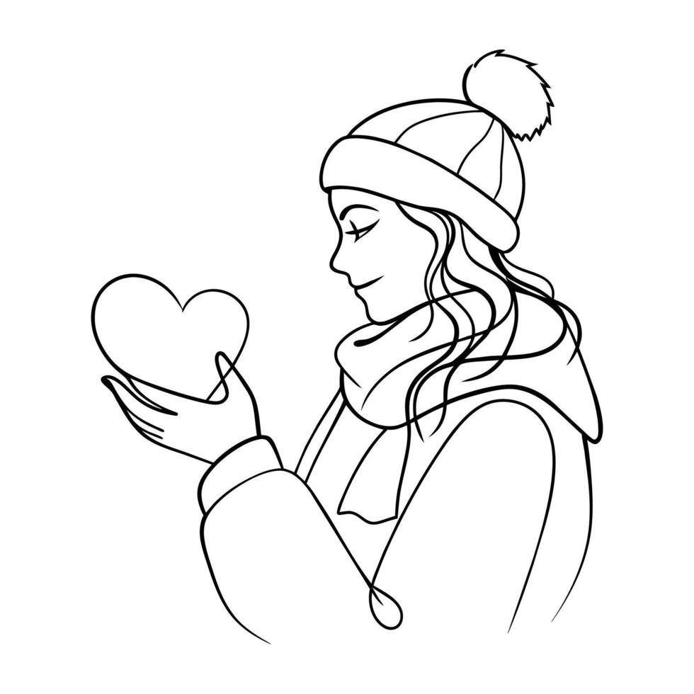 une femme dans hiver tenue avec tenir l'amour continu ligne art dessin vecteur