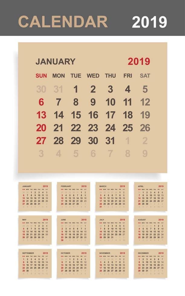 calendrier 2019 - ensemble de calendrier mensuel sur papier brun et fond de bois blanc. vecteur. vecteur