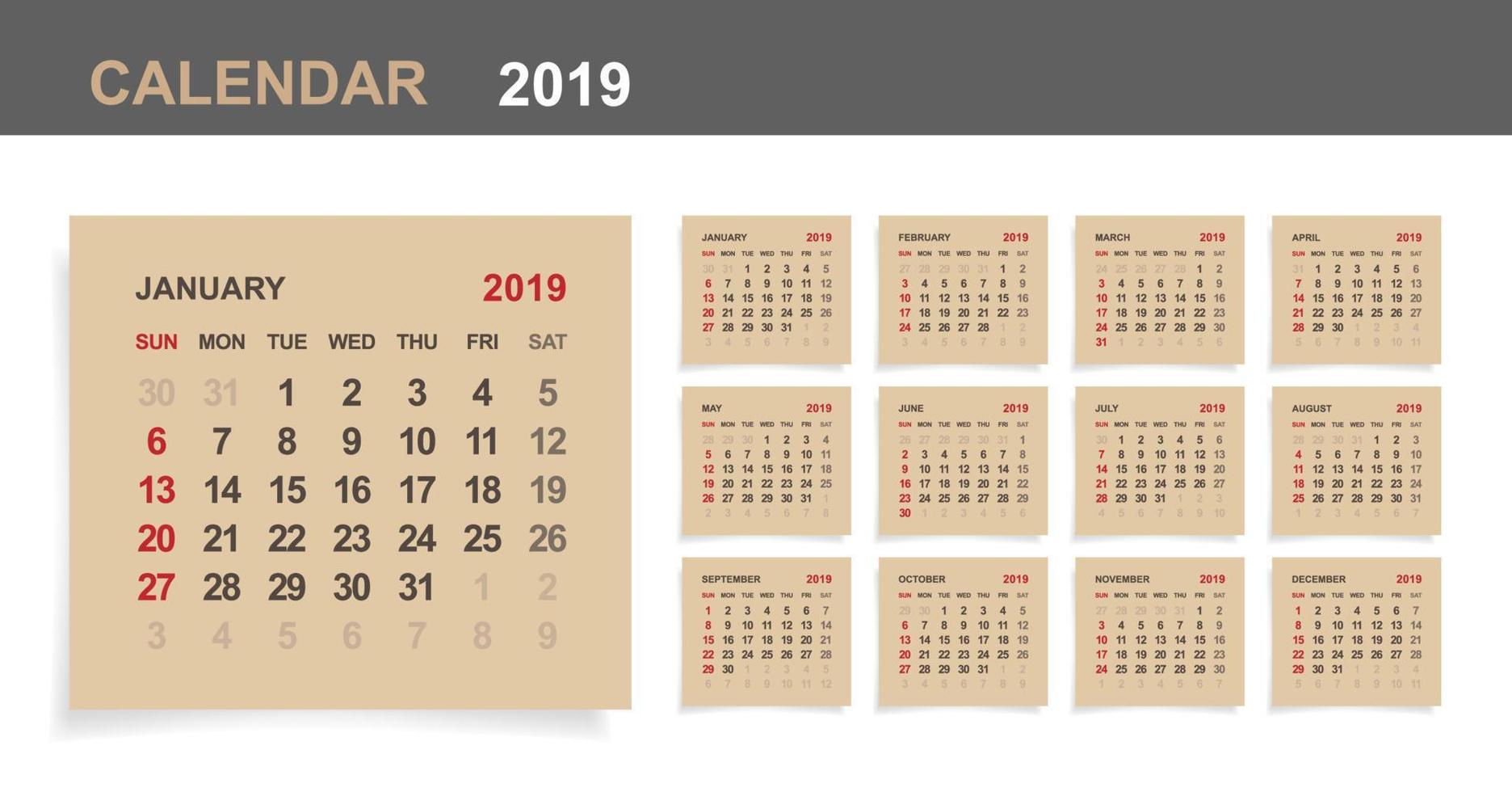 calendrier 2019 - ensemble de calendrier mensuel sur papier brun et fond de bois blanc. vecteur. vecteur