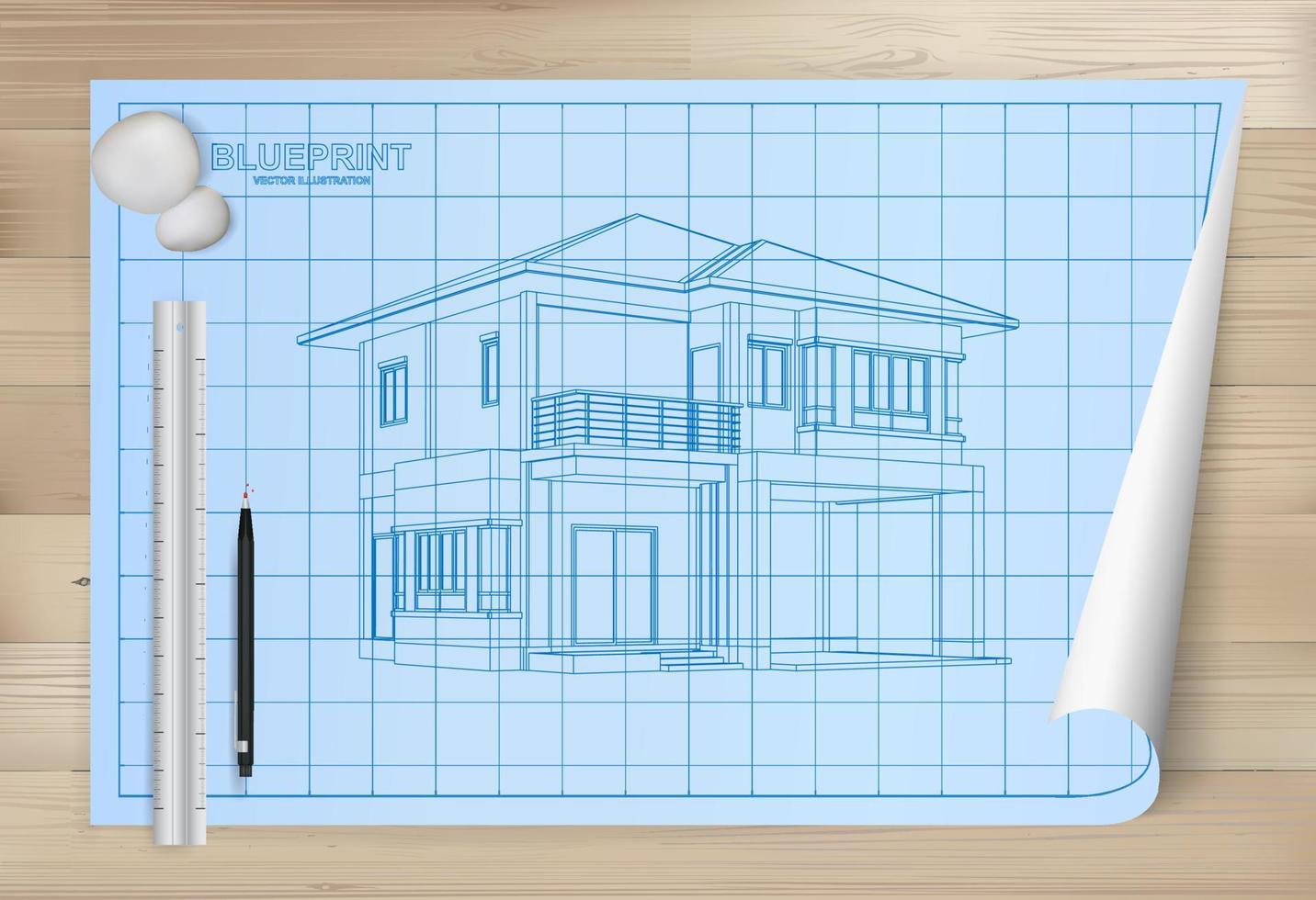 idée de maison sur fond de papier de plan. papier à dessin architectural sur fond de texture en bois. vecteur. vecteur