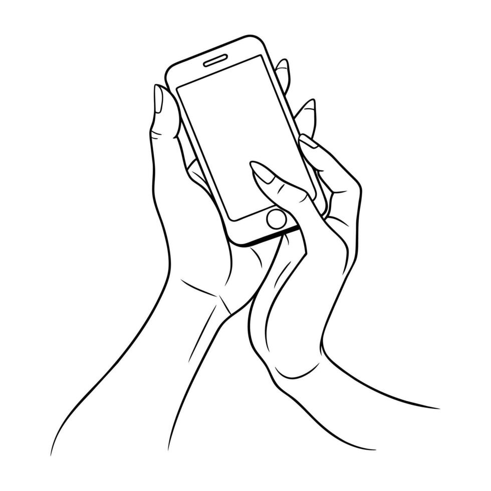 femelle mains en portant mobile téléphone continu ligne art vecteur illustration