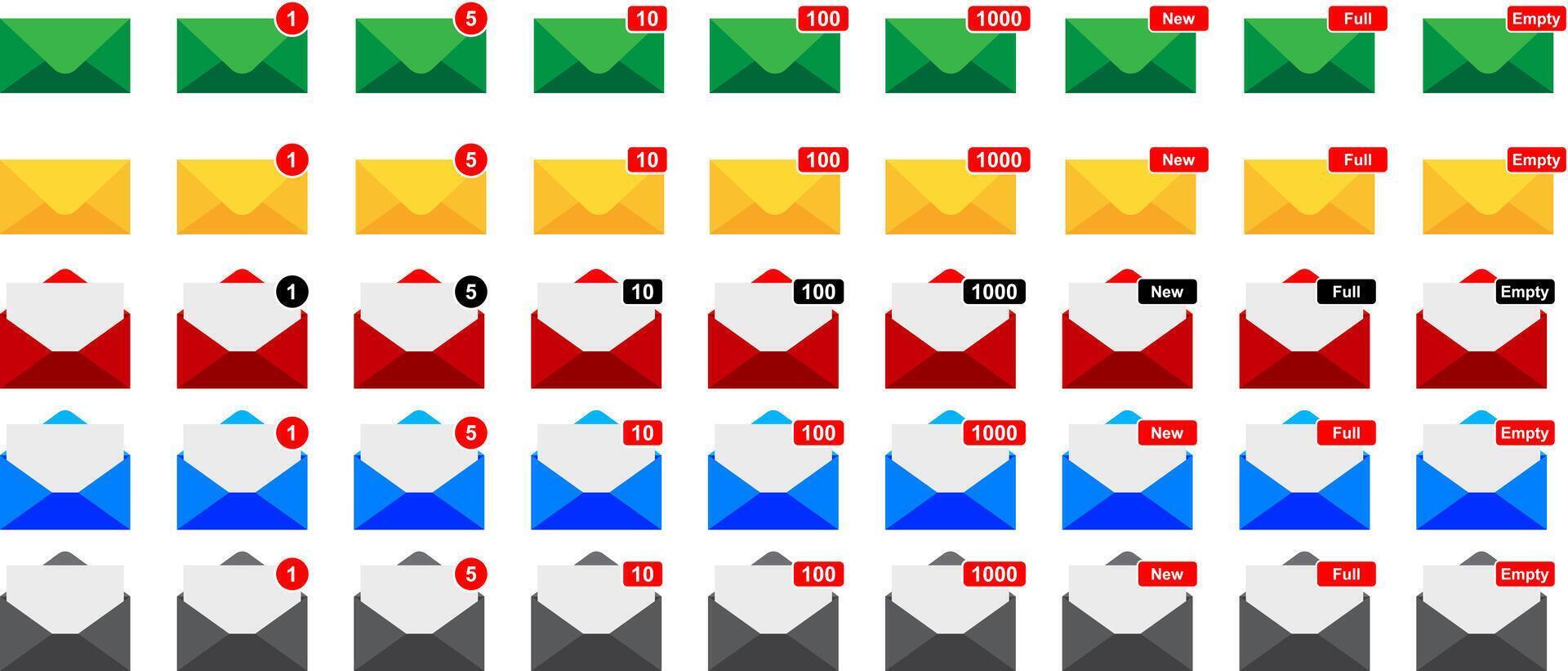 email icône collection dans vert, jaune, rouge, bleu et noir couleurs avec email compter notification points vecteur