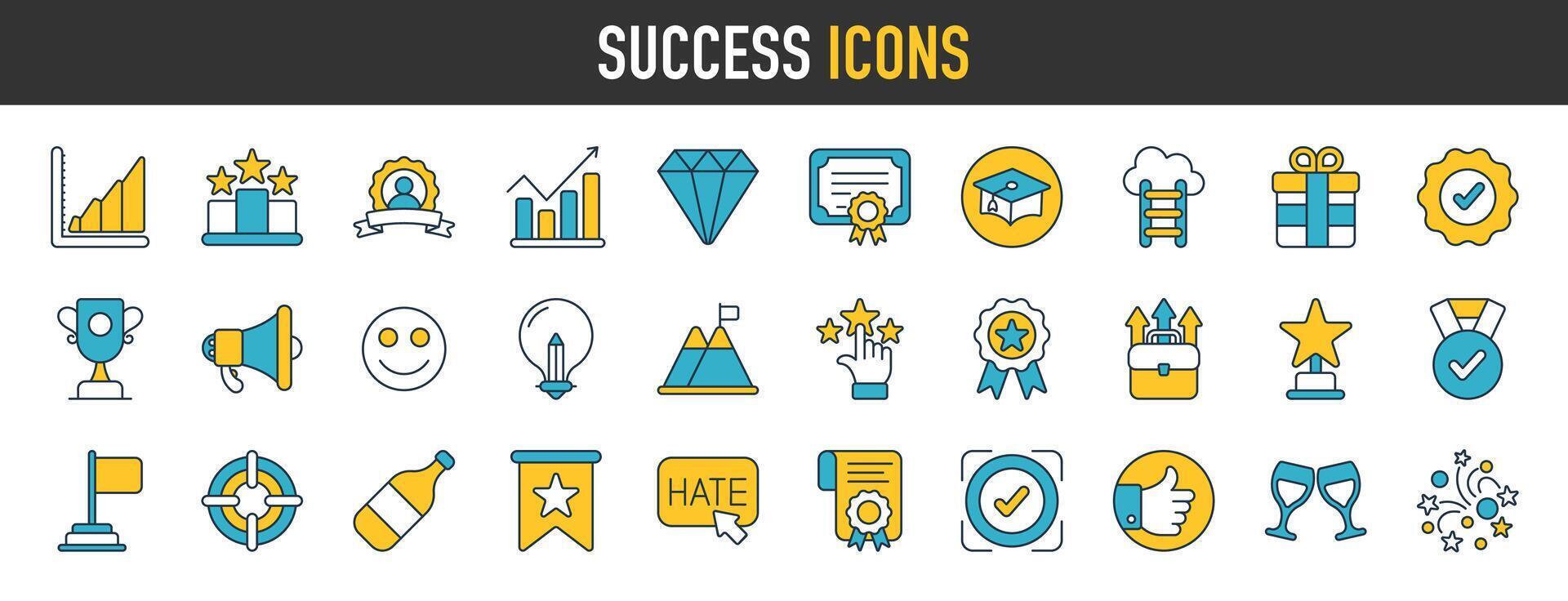 Succès icône ensemble. réussi affaires développement, badge, trophée, plan symbole. solide Icônes vecteur collection.