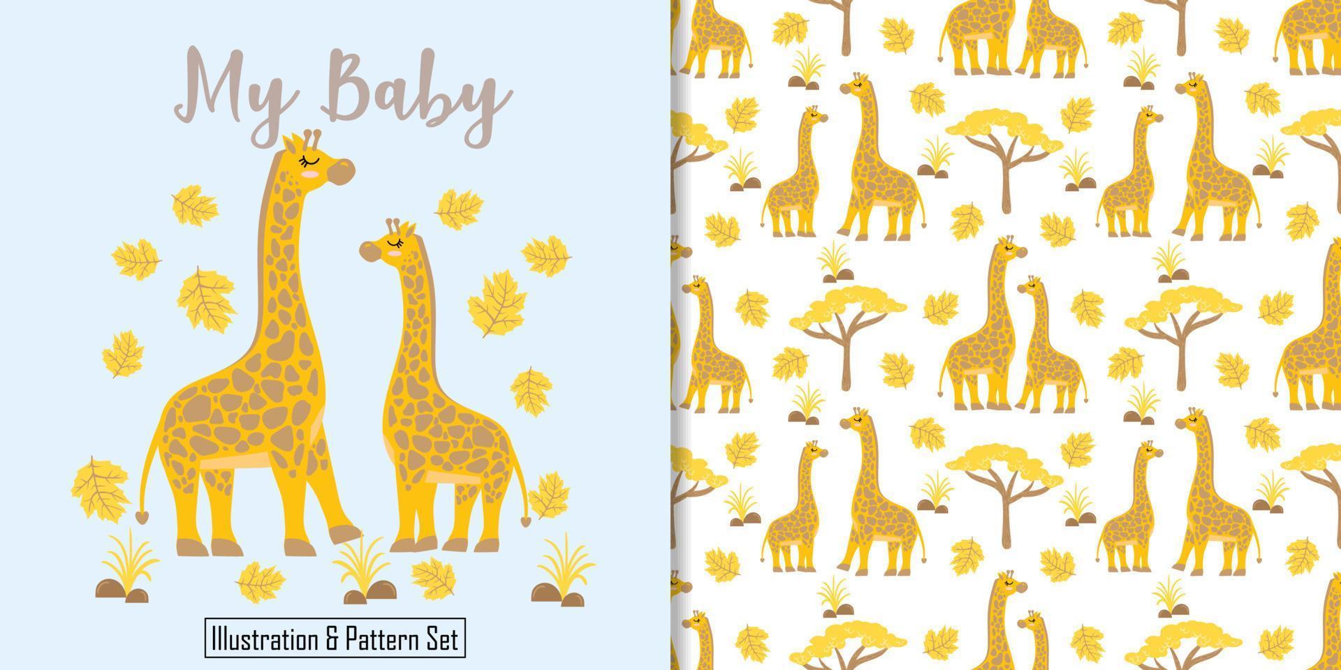 modèle sans couture de girafe mignon avec carte de douche de bébé illustration dessin animé vecteur