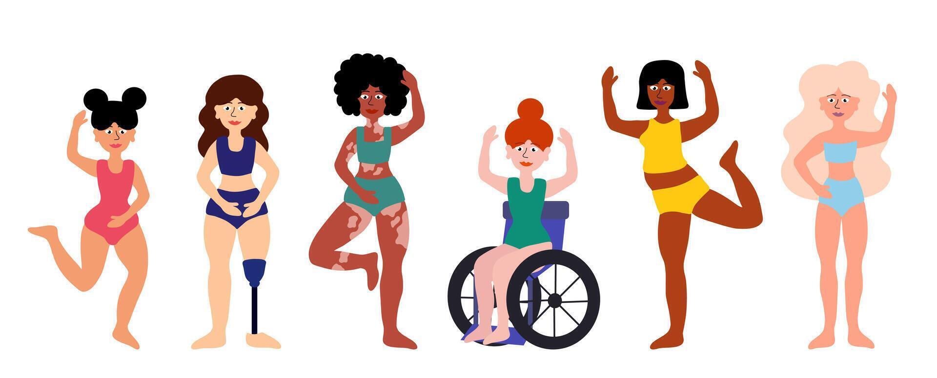 corps positif concept. femmes de différent âge, peau couleurs, ethnique groupes, corps les types. invalidité, vitiligo, prothèse. les filles dans maillots de bain permanent ensemble. dessin animé plat vecteur illustration.