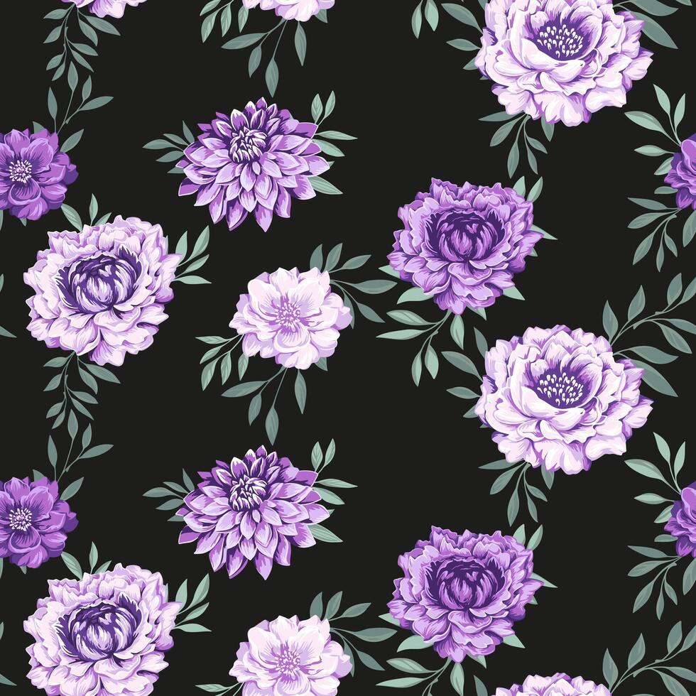 élégance sans couture modèle avec violet fleurs et minuscule doucement vert branches feuilles. vecteur tiré illustration stylisé pivoines dahlias. abstrait artistique coloré floral sur une foncé noir Contexte.