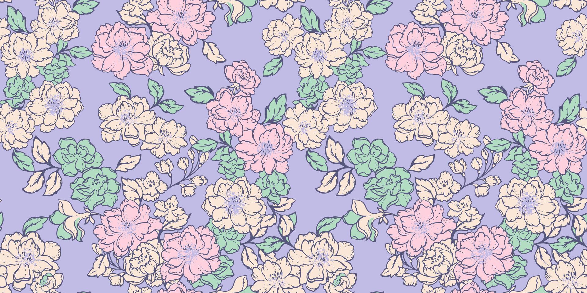 épanouissement printemps ou été stylisé Prairie sans couture modèle. abstrait Créatif sauvage floral à motifs sur violet Contexte. vecteur main tiré esquisser coloré lignes, grandes lignes fleurs, bourgeons, feuilles.