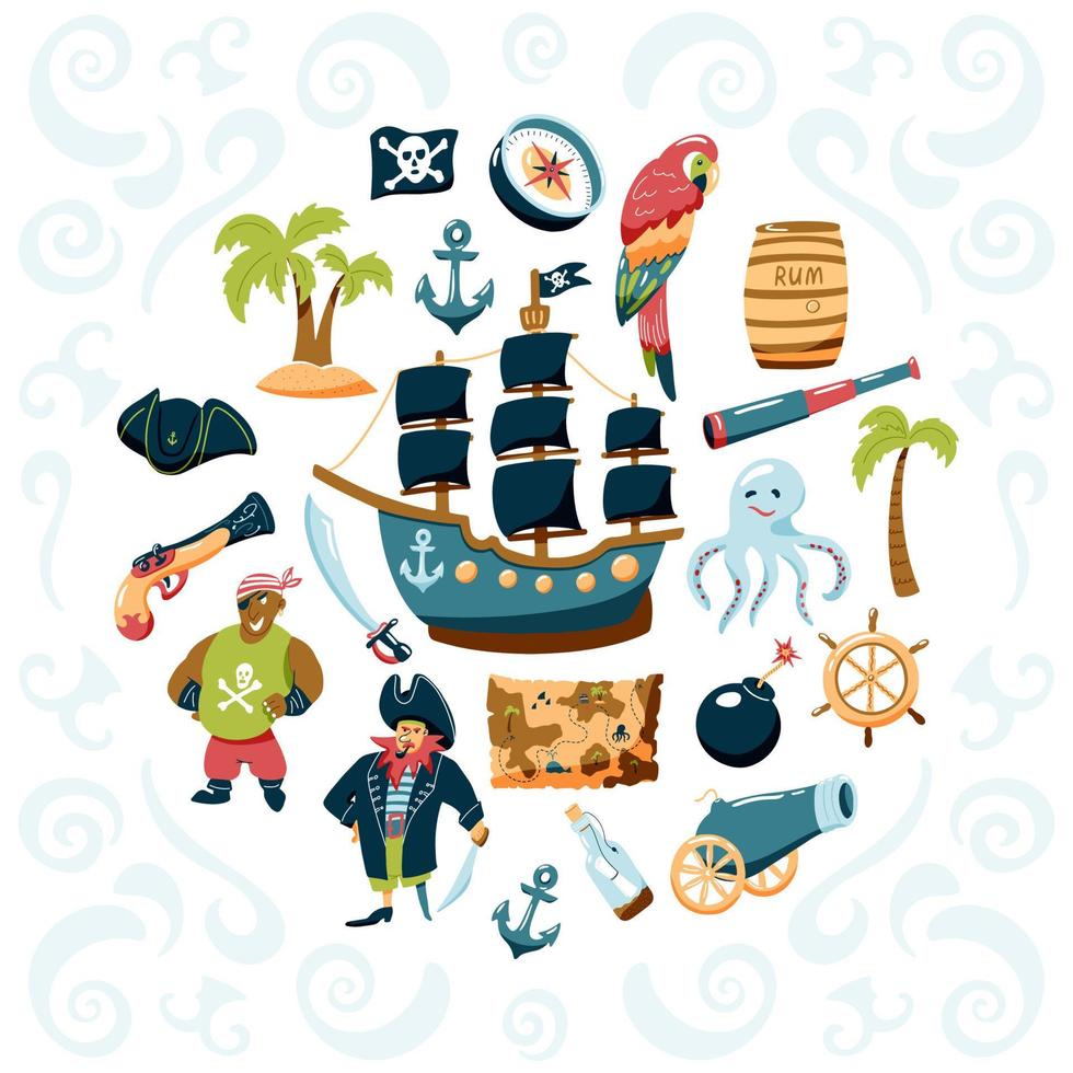 ensemble de pirates d'éléments dessinés à la main. regrouper des éléments de conception vectorielle pour la conception des enfants. illustration de doodle de dessin animé avec des personnages vecteur