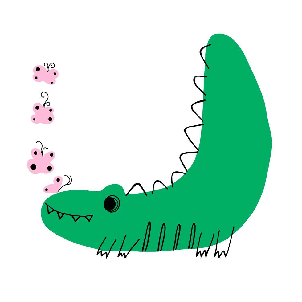 illustration vectorielle plane de crocodile de dessin animé mignon. alligator rayé gai avec des papillons. prédateur exotique drôle, reptile, animal sauvage isolé sur fond blanc. vecteur