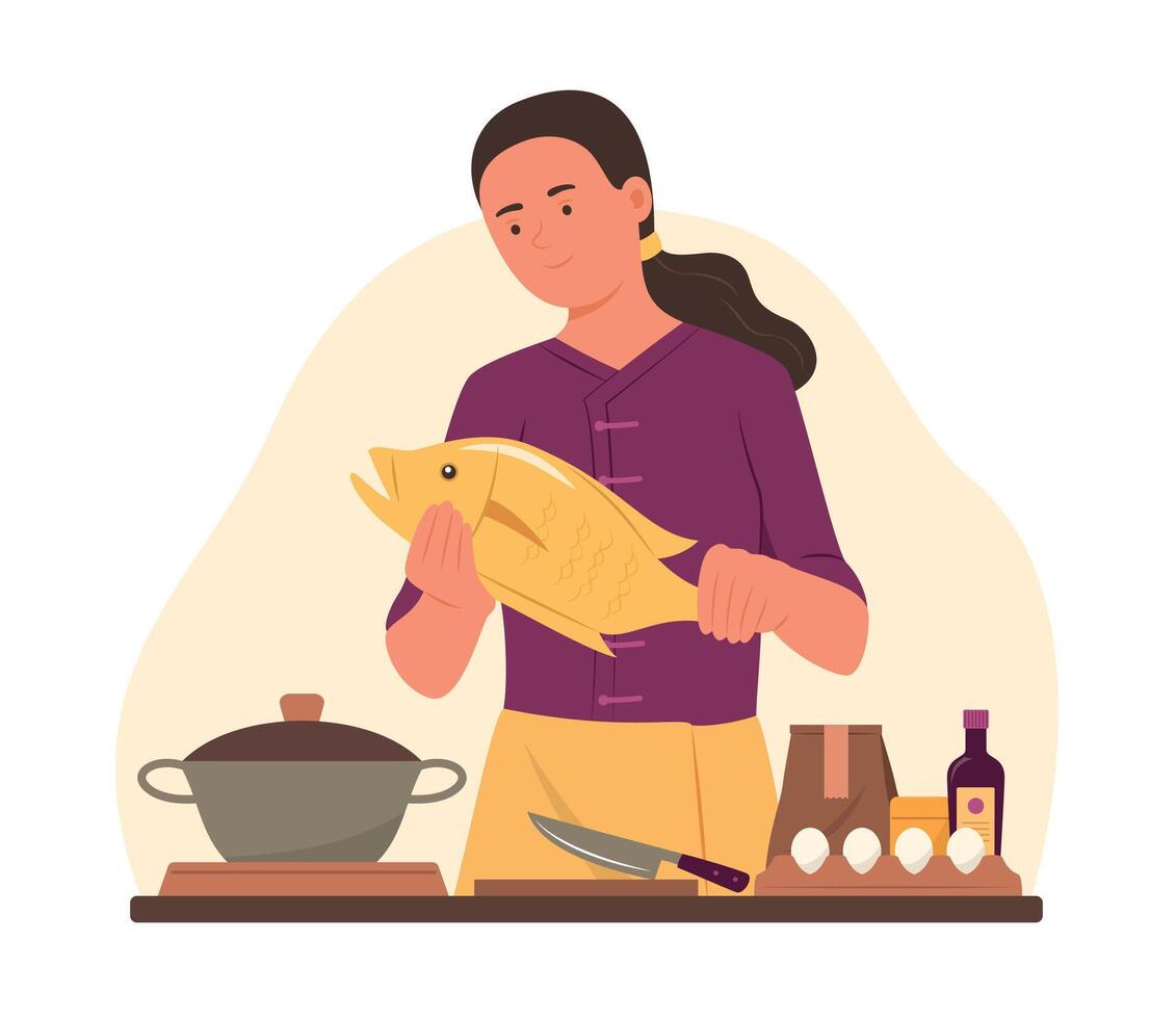 chef femme en train de préparer Frais poisson pour cuisine vecteur