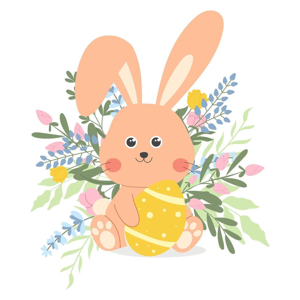 mignonne Pâques lapin en portant un œuf. dessiné à la main printemps fleurs composition. vecteur