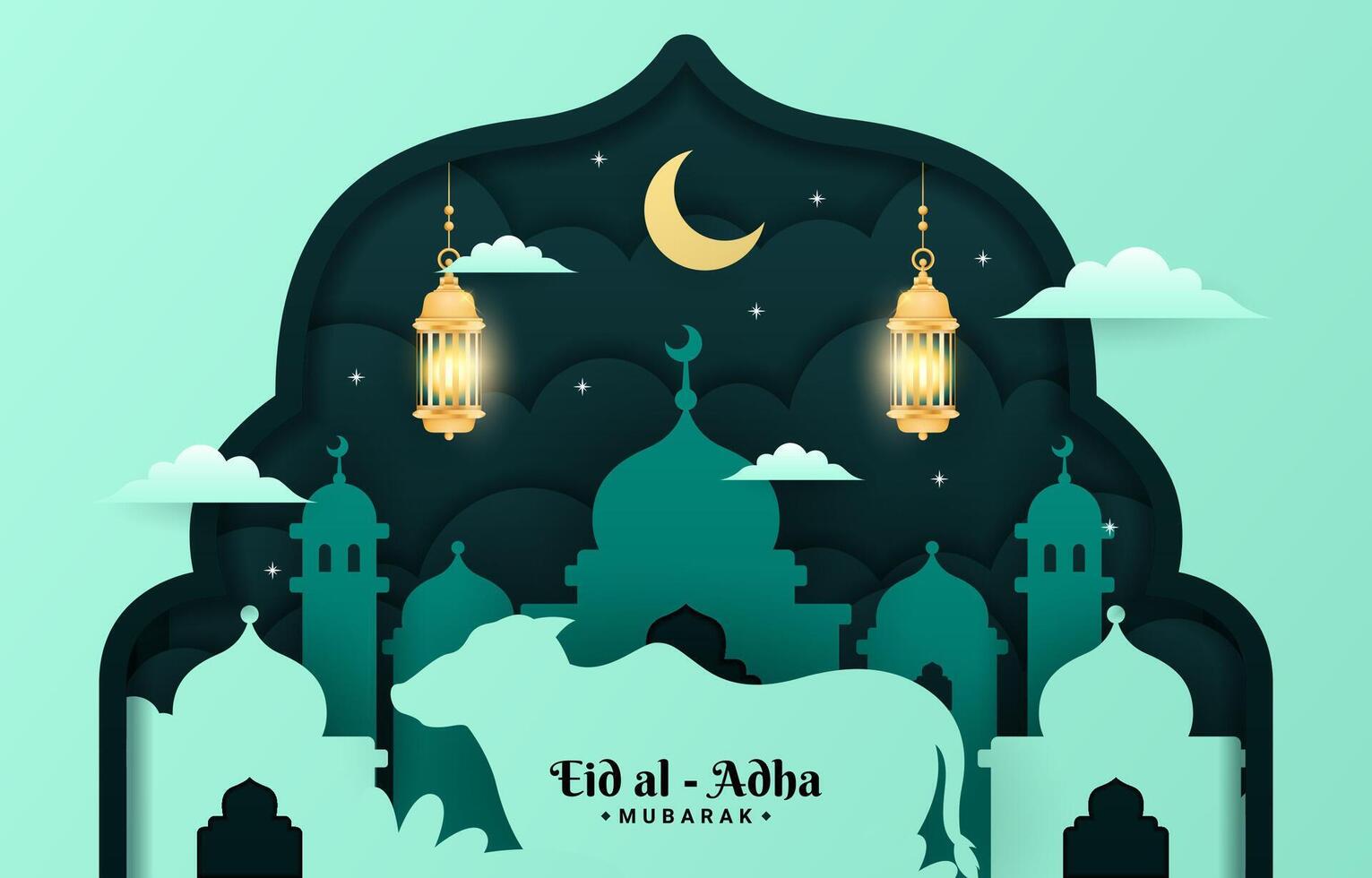 luxe eid Al adha islamique Contexte avec mosquée et lanterne vecteur