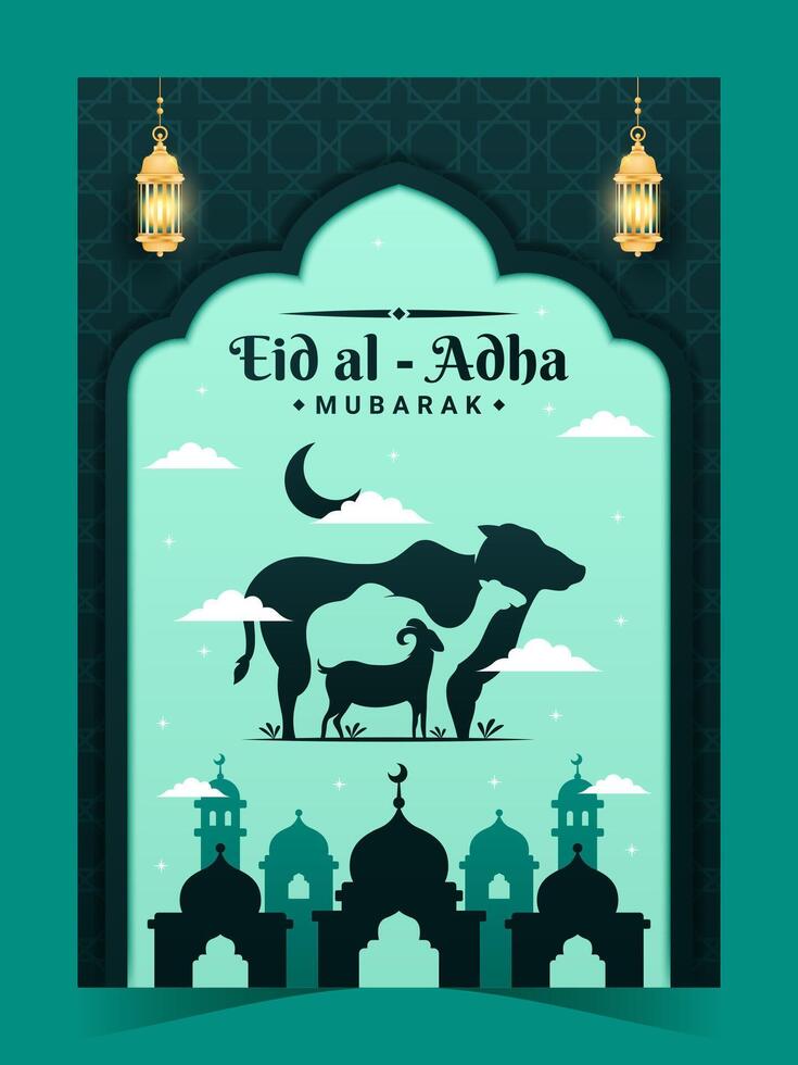 luxe eid Al adha affiche islamique Contexte avec mosquée et lanterne vecteur