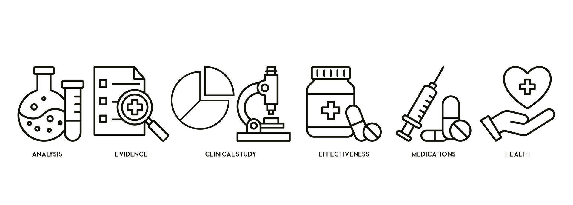 bannière de clinique recherche vecteur illustration concept pictogramme avec le icône de analyse, preuve, clinique étude, efficacité, des médicaments