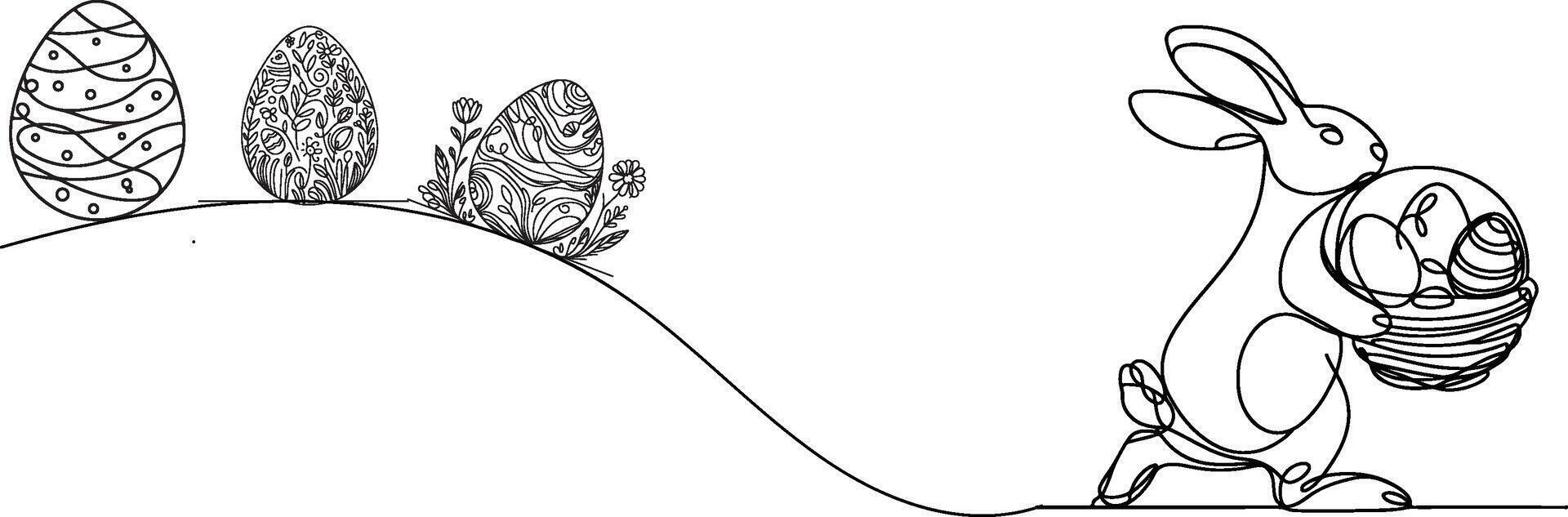 main tiré noir ligne art lapin Pâques Oeuf griffonnage coloration linéaire style vecteur illustration éléments. un continu ligne dessin lapin avec des œufs modifiable accident vasculaire cérébral contour