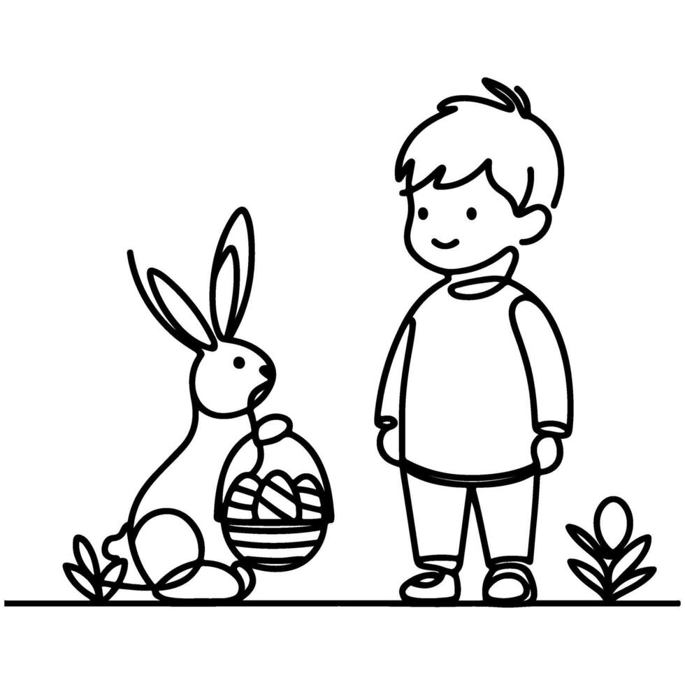 les enfants trouver et choisir en haut des œufs chasse. main tiré lapin continu noir ligne dessin art. enfant porte panier Pâques Oeuf griffonnage coloration vecteur illustration éléments.