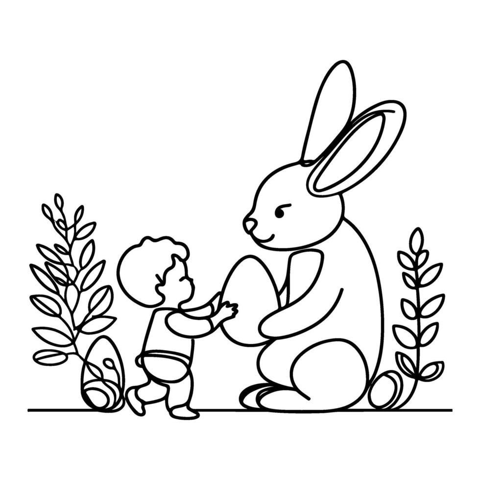 les enfants trouver et choisir en haut des œufs chasse. main tiré lapin continu noir ligne dessin art. enfant porte panier Pâques Oeuf griffonnage coloration vecteur illustration éléments.