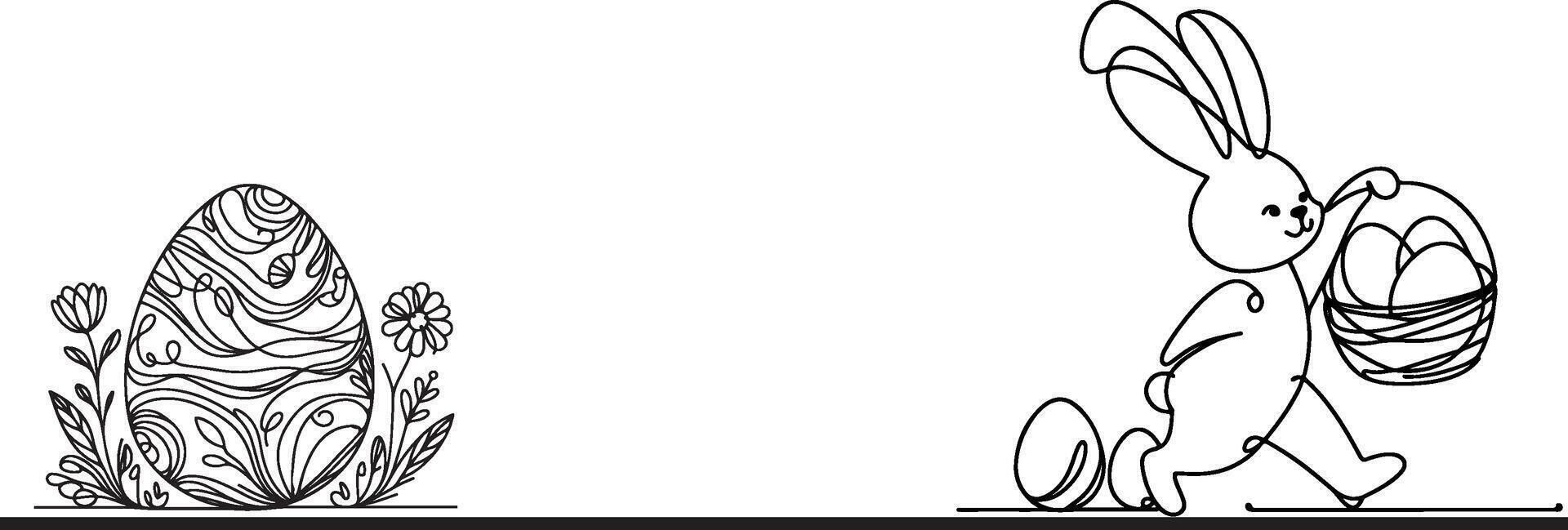 main tiré noir ligne art lapin Pâques Oeuf griffonnage coloration linéaire style vecteur illustration éléments. un continu ligne dessin lapin avec des œufs modifiable accident vasculaire cérébral contour
