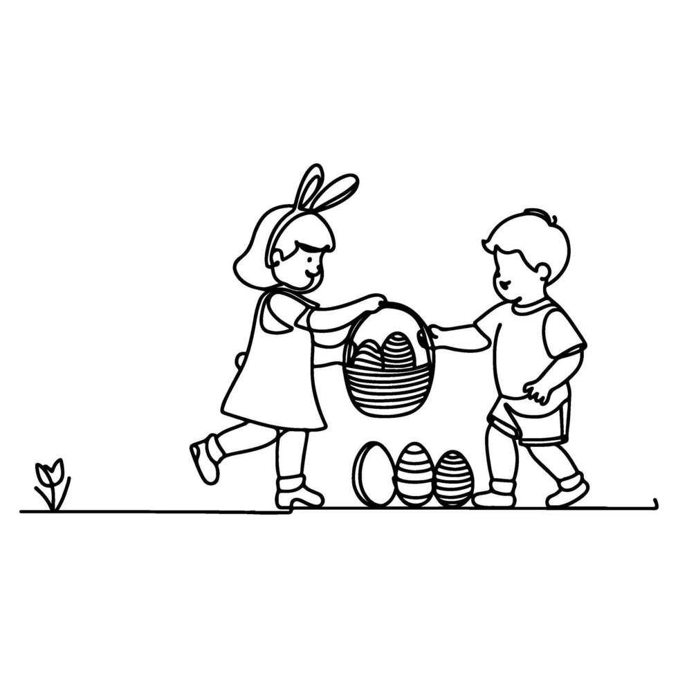 les enfants trouver et choisir en haut des œufs chasse. main tiré lapin continu noir ligne dessin art. enfant porte panier Pâques Oeuf griffonnage coloration vecteur illustration éléments.