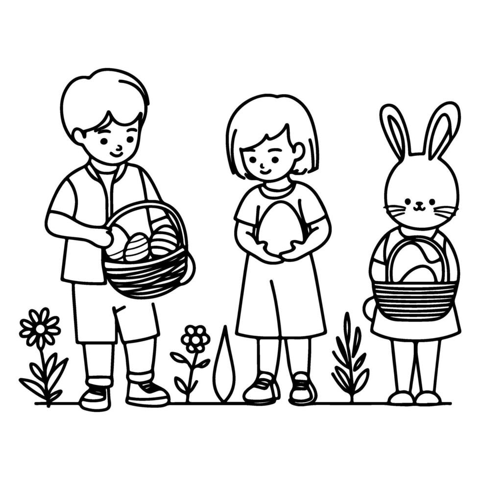 les enfants trouver et choisir en haut des œufs chasse. main tiré lapin continu noir ligne dessin art. enfant porte panier Pâques Oeuf griffonnage coloration vecteur illustration éléments.