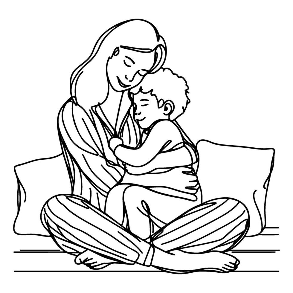 esquisser mère étreindre petit enfant. Célibataire un noir ligne dessin femme étant étreint par sa les enfants vecteur illustration
