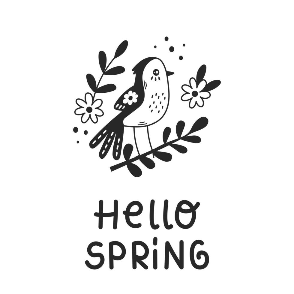 Bonjour printemps texte oiseau et fleur dans griffonnage style vecteur